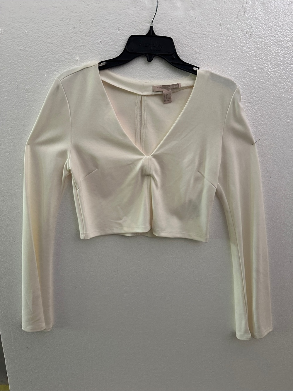 Forever 21 Cream V-Neck Long Sleeve Crop Top